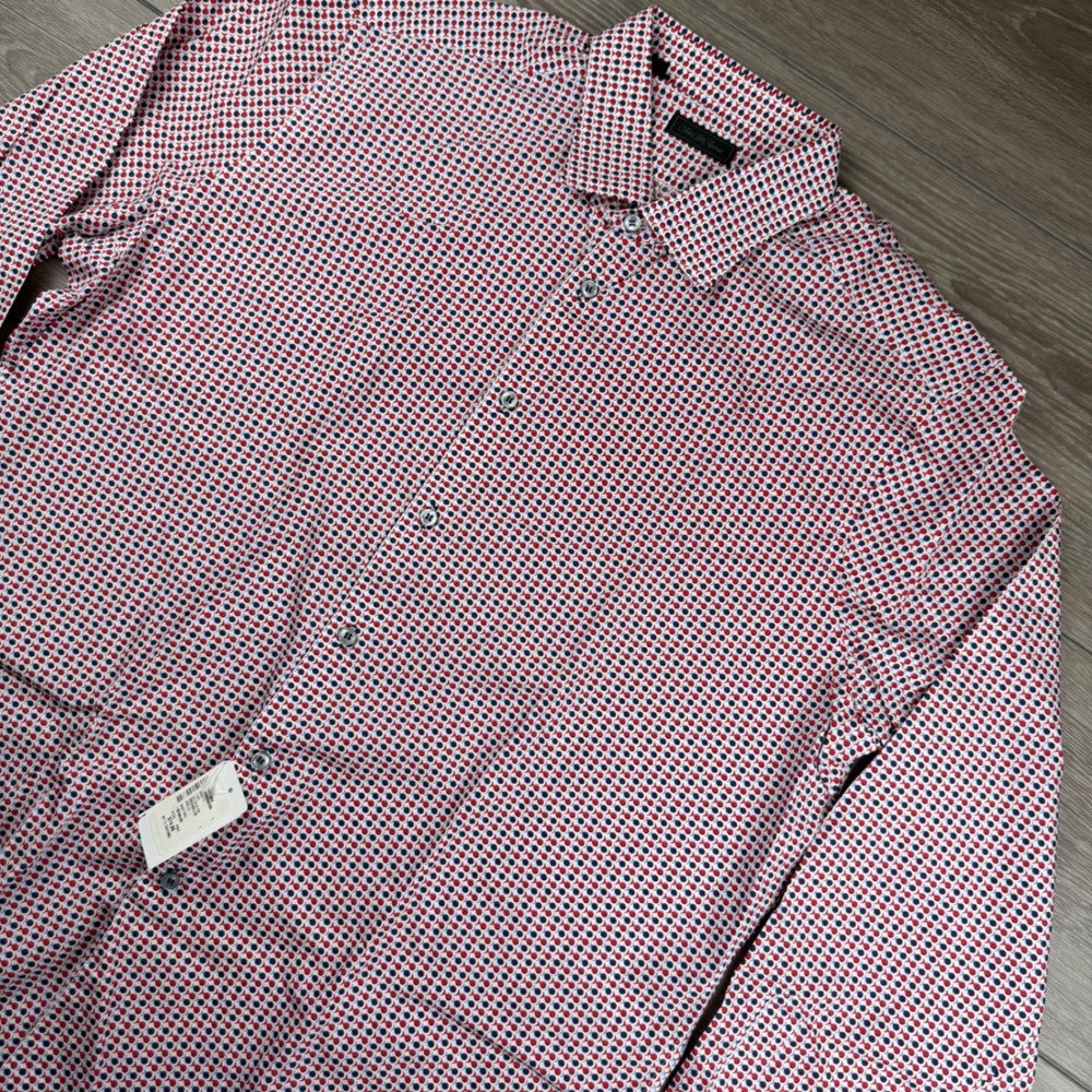 Saks Fifth Avenue Mens Button Down Geometric Print Cotton Shirt Red Blue XXL